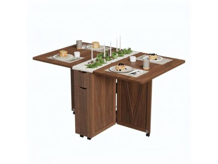 Garvee Platzsparender, ausziehbarer Klapptisch mit 6 Rollen – Schublade & Ablage – Robuster Gastronomie-Esstisch für kleine Räume & Apartments – Modernes Design – Farbe: Walnuss