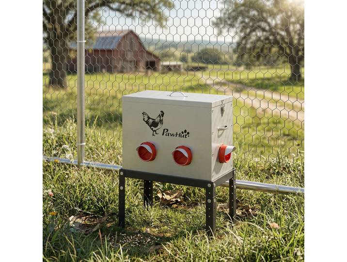 PawHut Mangeoire Poulet 30L Acier 6 Ports Hauteur Réglable Argent