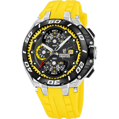 Chronograph FESTINA "Chrono Bike", gelb (gelb, schwarz, gelb, schwarz, gelb), Armbanduhren, Herren, silberfarben-schwarz, Chronograph, Quarzuhr, Armbanduhr, Herrenuhr, analog, Tag, Stoppfunktion