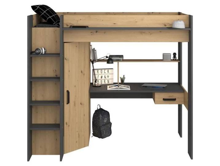 Lit combiné mezzanine enfant PARISOT HIGH - Chêne et gris - Sommier inclus - 90 x 200 cm
