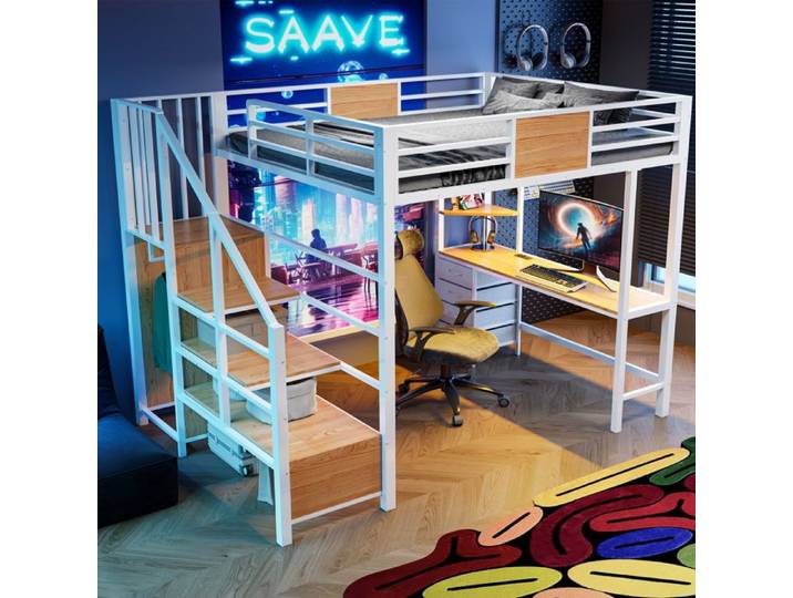 Lit mezzanine - CIPACHO - 140x200 - Bureau intégré - Rangement & penderie - LED intégrée