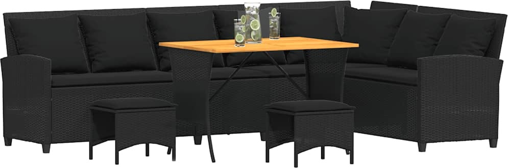 4tlg. Garten-Sofagarnitur mit Kissen L-Form Schwarz Poly Rattan