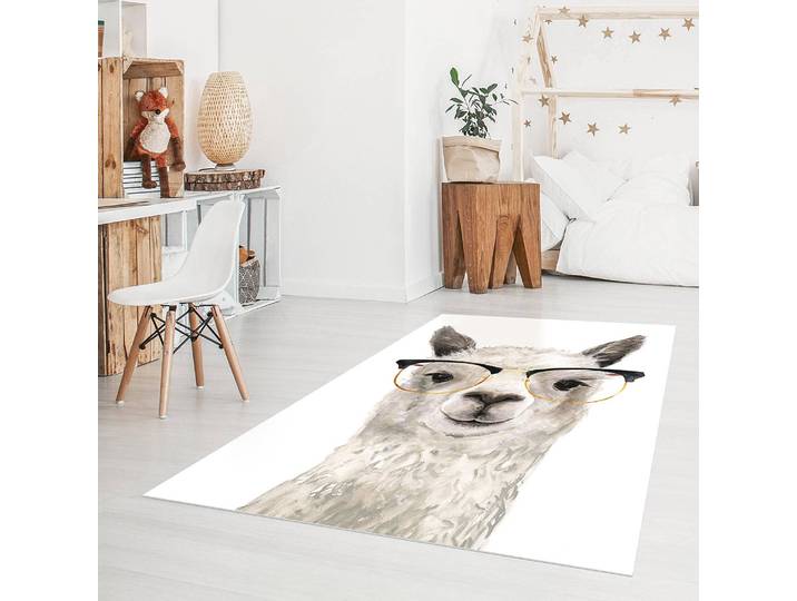 Tapis en vinyle Lama à lunettes I 140 x 210cm Blanc