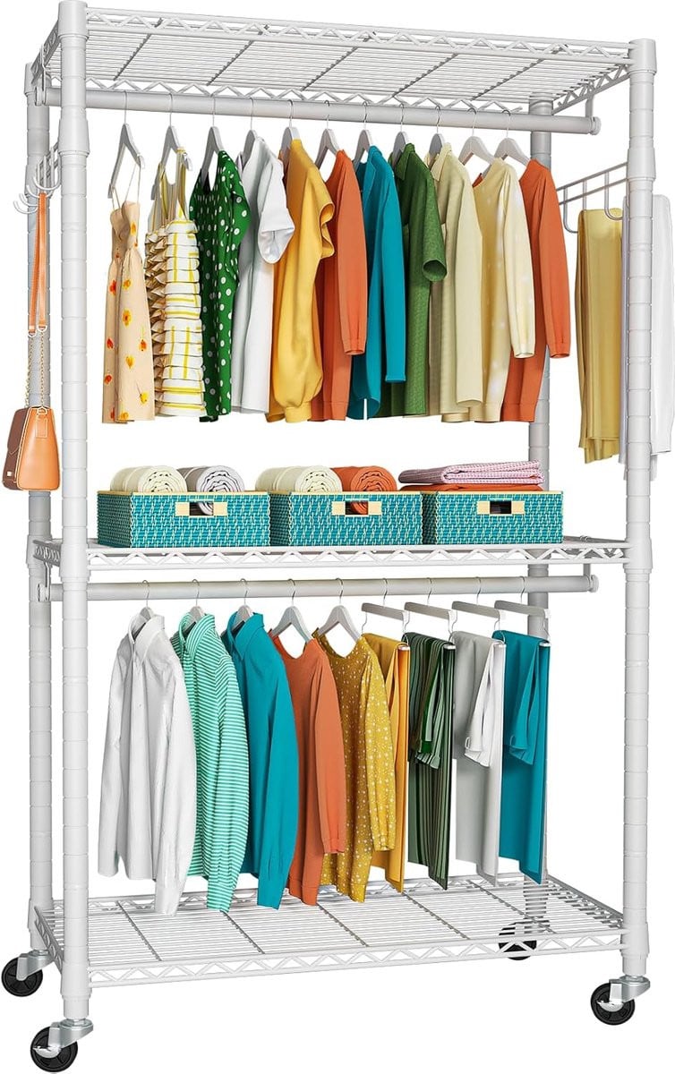 SnelShoppen Heavy Duty Kledingrek 3-Laags, Verstelbaar en Rollend Metaal met Dubbele Hangstangen en Slotwielen