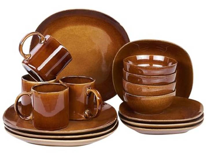 Tafelservice für 4 Personen Steinzeug braun 16-teilig Geschirrset Retro Turmeric
