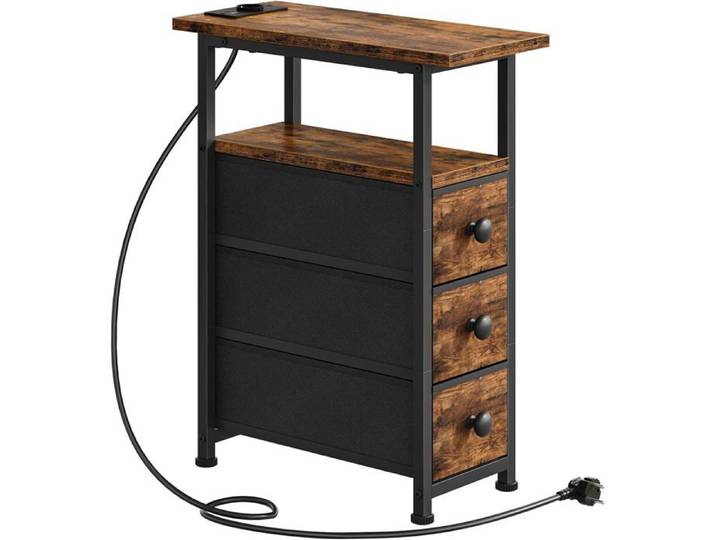 Table De Chevet Avec Multiprise 1 Prise Et 2 Ports USB 3 Tiroirs Rangement Compact Chambre Salon Marron Noir