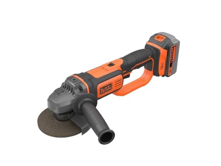 BLACK+DECKER Meuleuse d'angle sans fil - 8 600 trs/min - Changement d'accessoire avec outil - 1 disque de tronçonnage - Livrée en sac de rangement\, Orange/Noir\, 1 batterie