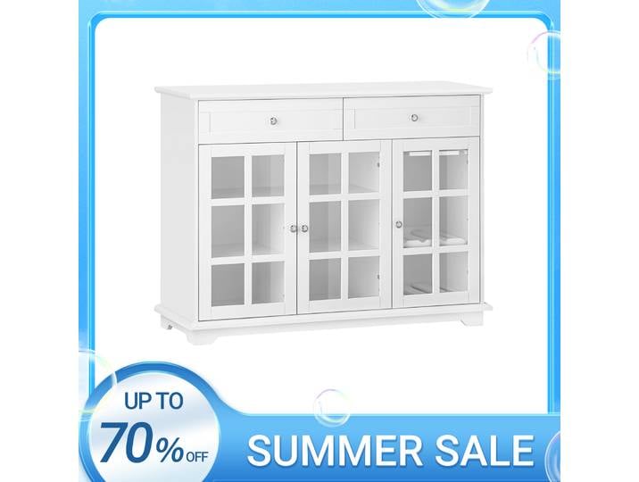 SoBuy FSB77-W Armoire de cuisine Îlot de cuisine avec porte en verre Buffet autoportant Highborad Table de bar table à manger Buffet Blanc 119x90x40 cm
