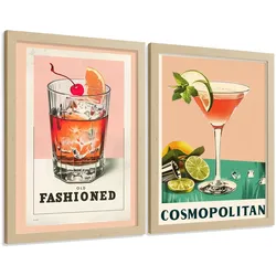 POSTER 2er Set Cocktail-Wandbilder Old Fashioned und Cosmopolitan Vintage Küche Bar Wanddeko Leichter Holzrahmen A4