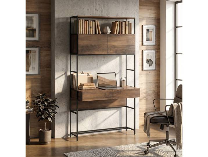 Bureau d'ordinateur avec 2 tiroirs 100 x 45 x 185 cm bureau avec rangement 2 portes et étagères ouvertes marron