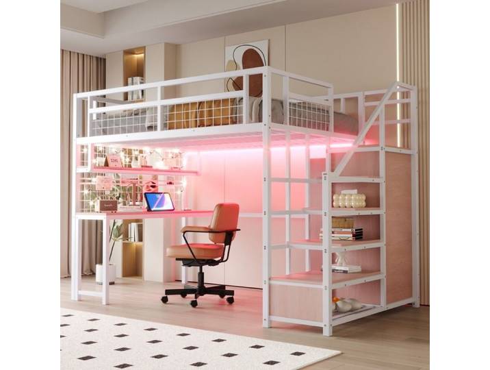 Lit mezzanine métal lit double 140x200 échelle de rangement armoire simple étagère table étagère filet prise bandeau lumineux blanc
