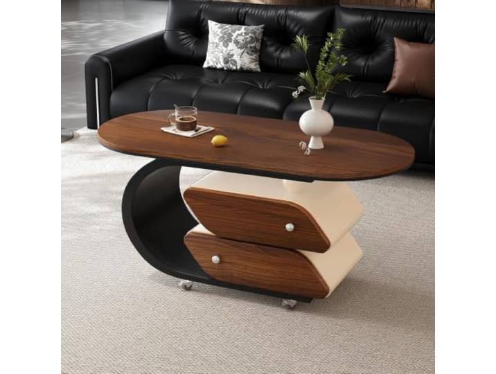 HLDJYLZS Ovaler Couchtisch aus Holz mit Rollen, Vintage-Stil Tablettdesign aus Massivholz, ovale Form, Lenkrollen, italienischer Retro-Stil, Wabi-Sabi-Design, kleine Räume, Wohnzimmer