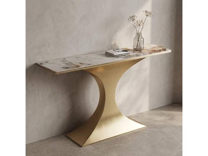 Moderner Konsolentisch Mit Marmorplatte, Schmaler Flurtisch Aus Metall Stabiler Stahlrahmen, Schmale Bauweise, Pflegeleichte Oberfläche, Luxuriöse Optik(Gold,150cmW*35cmD*80cmH)