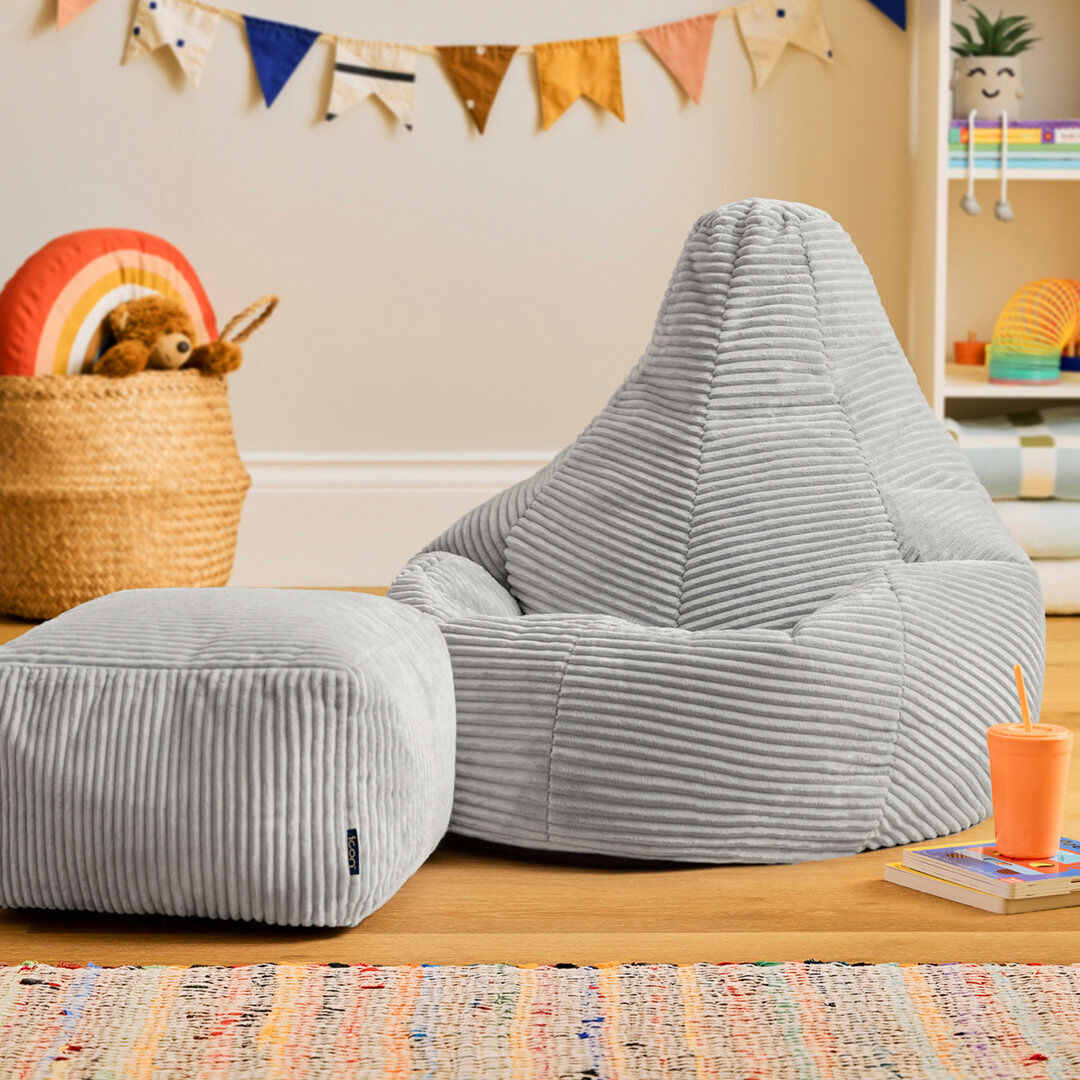 icon Kids Dalton Cord High Back Bean Bag and Mini Square Footstool, Teal Grey Small