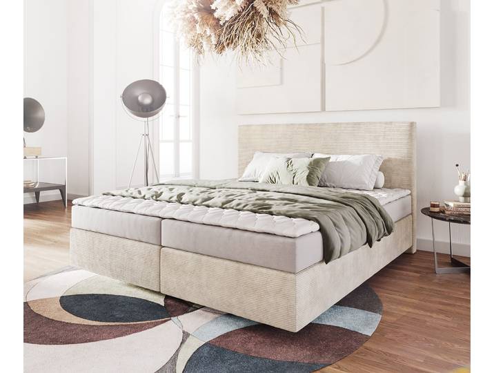 Boxspringbett Dream-Well 180x200 cm Cord Beige mit Matratze und Topper, Boxspringbetten