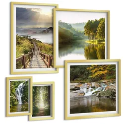 BILDER SET 5er Set - 50x50 cm & 20x30 cm & 40x60 cm Goldrahmen - Grüne Blätter von eleganten Sukkulenten