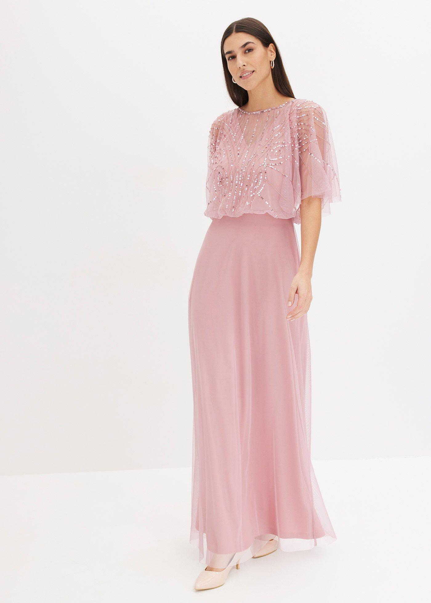 bonprix Maxikleid aus feinem Tüll mit Paillettenstickerei, pink, Gr.46, Klassisch und feminin: Abendkleid in Maxi-Länge aus feinem Tüll mit Paillettenstickerei