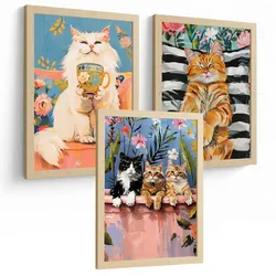 POSTER 3er Kunstdruck-Set Wandbilder Katzen modern Wohnzimmer Deko, Schlafzimmer, Küche, Badezimmer Rahmenlos A4