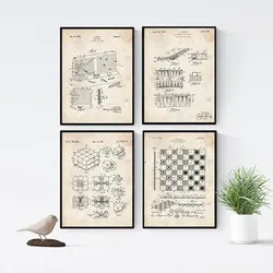 POSTER Set mit 4 Jahrgang Brettspiele Patent A4 Schwarzer Rahmen