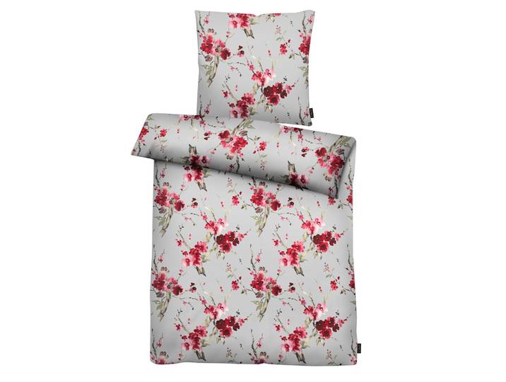 Bettwäsche APELT Hanami , grau (grau, rot), B/L: 135cm, 1 Stk., 1 Stk., Satin (Bio-Baumwolle), B/L: 80cm x 80cm, 2 Stk., Satin (Bio-Baumwolle), Obermaterial: 100% Baumwolle, Bettwäsche, Bettwäsche, Blütenzweig