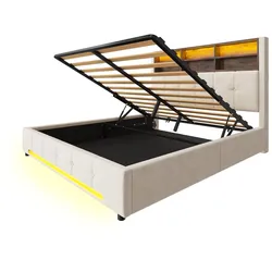 MODFU Polsterbett Samt Beige 160x200 cm mit USB-C, LED, Stauraum, hydraulischer Hebefunktion und Multifunktions-Kopfteil
