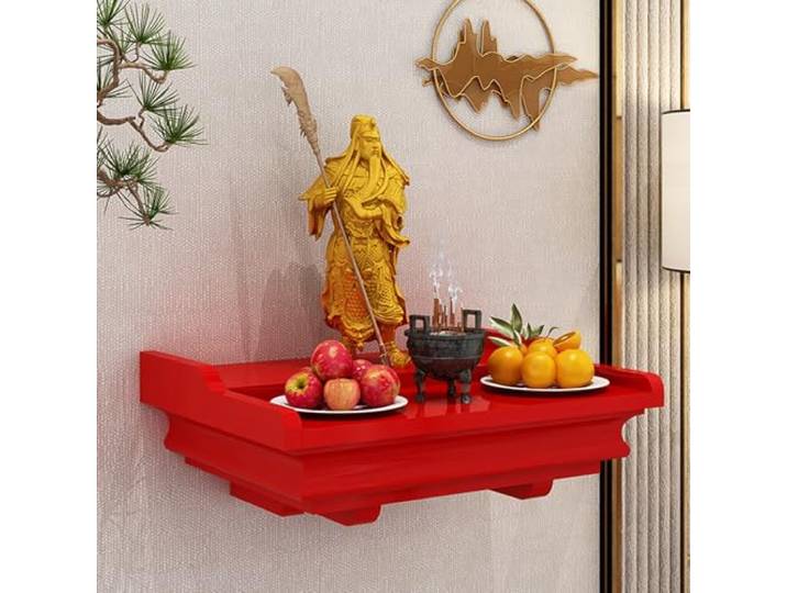 Coal2ToalPW An der Wand montiertes buddhistisches Altarregal aus massivem Holz for den Heimgottesdienst, Schrank „Gott des Reichtums“, Schreintisch(Red,Medium)