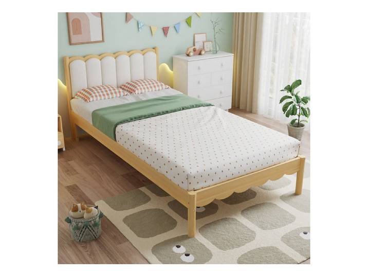 REDOM Polsterbett mit kunstleder-gepolstertem Kopfteil, Einzelbett Kinderbett (stabilem Lattenrost & Massivholzrahmen, 90x200 cm), ohne Matratze