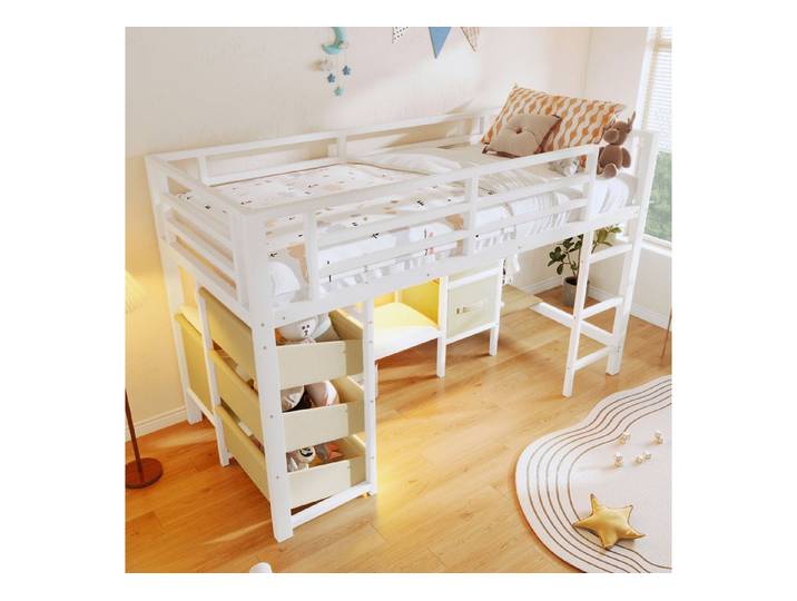 STILVORA Kinderbett 90×200 Kinderbett mit LED-Beleuchtung Jungendbett mit Sitzkissen Weiß (mit Sitzkissen, Stoffschublade und LED-Beleuchtung – Metallrahmen, Aufhängebereich, 90x200 cm), ohne Matratze