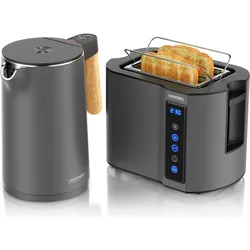 Arendo Frühstücks Set Edelstahl Wasserkocher 1,5l Temperaturwahl & 2-Scheiben Doppelschlitz Toaster, Silber, Wasserkocher, Silber