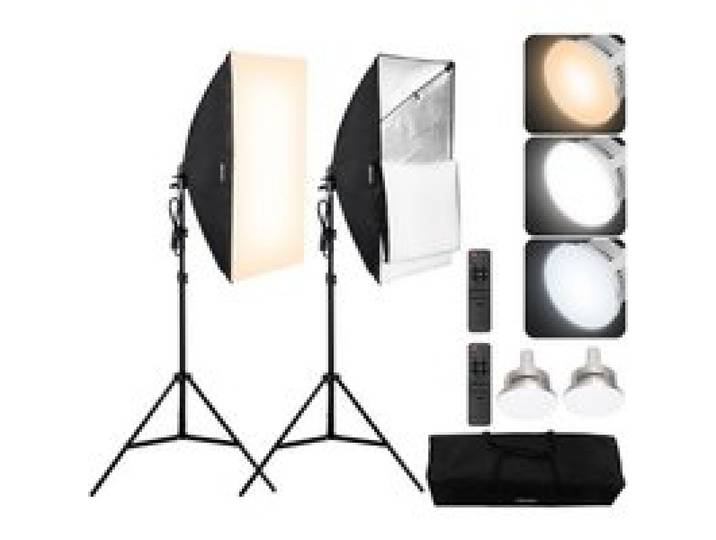 VEVOR Kit d'Éclairage Softbox Professionnel, Lot de 2, 50x70 cm, Ampoule LED 45 W, 3000-6500 K, 3 Effets Éclairage Continus, Support Trépied, Télécommande, pour Studio, Photographie, Diffusion Direct