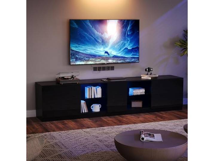 Merax TV Schrank, TV Lowboard Hochglanz mit LED-Beleuchtung, Moderner Fernsehschrank für 65 Zoll Fernseher, TV Ständer mit Türen, 2 Schubladen, Glasböden, TV Bank für Wohnzimmer Schlafzimmer, Schwarz