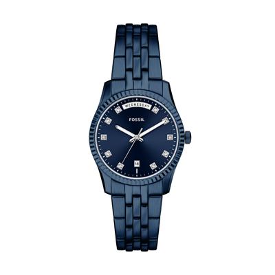 Quarzuhr FOSSIL "Scarlette", blau (blau, blau), Armbanduhren, Damen, blau, Quarzuhr, Armbanduhr, Damenuhr, Edelstahlarmband, analog, Tag, Wochentag