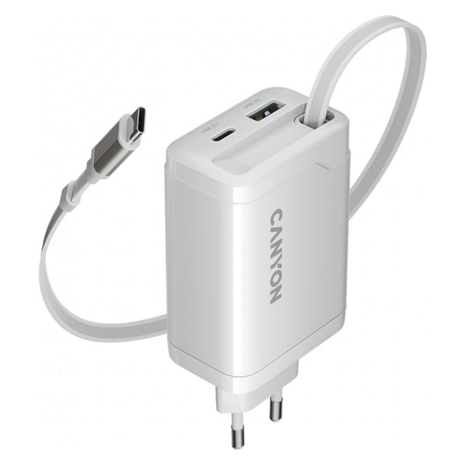 Canyon Adapter charger OnCharge 65RC Build-In Cable USB-C 65W 1xPD 1xQC EU White (65 W, 3 Ports) (CNS-CURC65ACW)