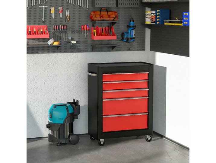 HOMCOM Chariot à Outils Acier 5 Tiroirs Verrouillable Rouge
