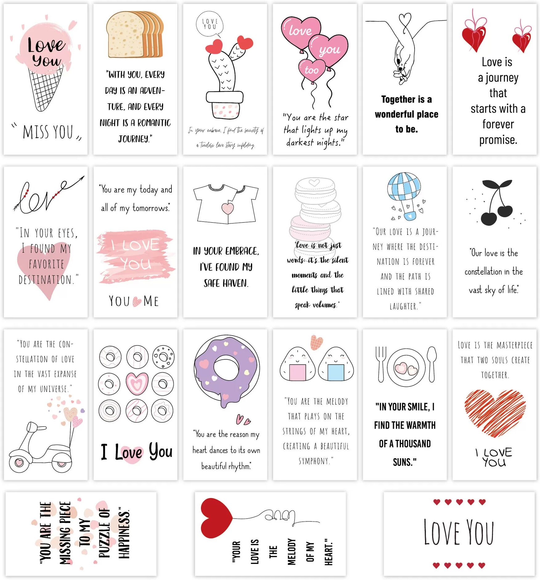 INF Billets d'amour romantiques pour boîte à lunch - Ensemble de 21 jolies cartes d'amour