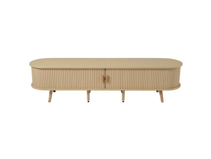 Meuble tv ovale avec portes coulissantes et 2 tiroirs, 170 cm, chêne