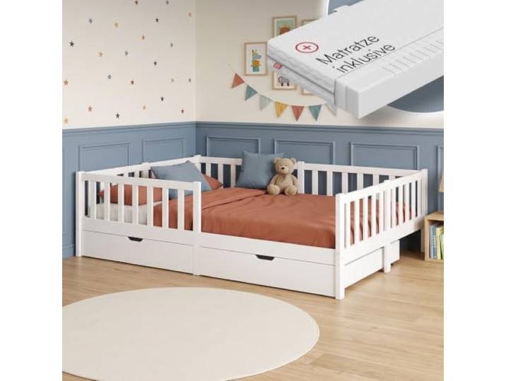 Bellabino Vere Kinderbett 140x200 cm, mit Schubladen & Matratze, Weiß Montessori Kinderbett mit Rausfallschutz & Lattenrost, Massivholzbett für Jungen & Mädchen aus Holz Kiefer, Kleinkindbett