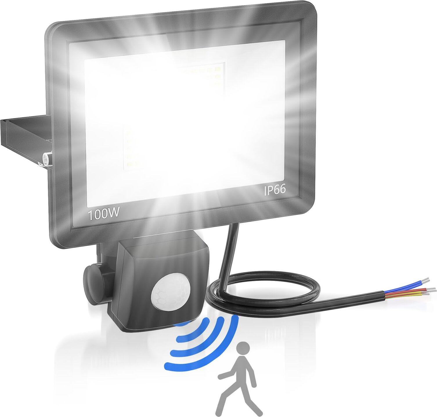 JOIEYOU LED schijnwerper met bewegingssensor, 100W, aluminium bouwlamp voor buiten, koelwit