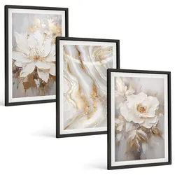 BILDER SET 3er Set - 40x60 cm Schwarzer Rahmen - Abstrakte Blumen aus Marmor