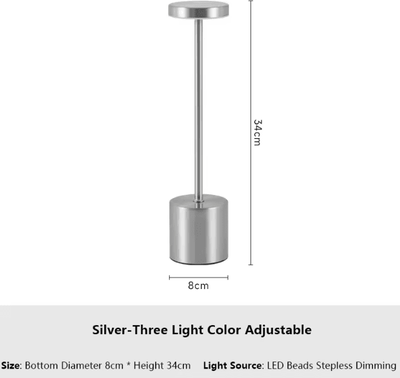 Inspire Curations Rechargeable LED Touch Table Lamp 3 Color Dimmable Portable Ambient Light silvery