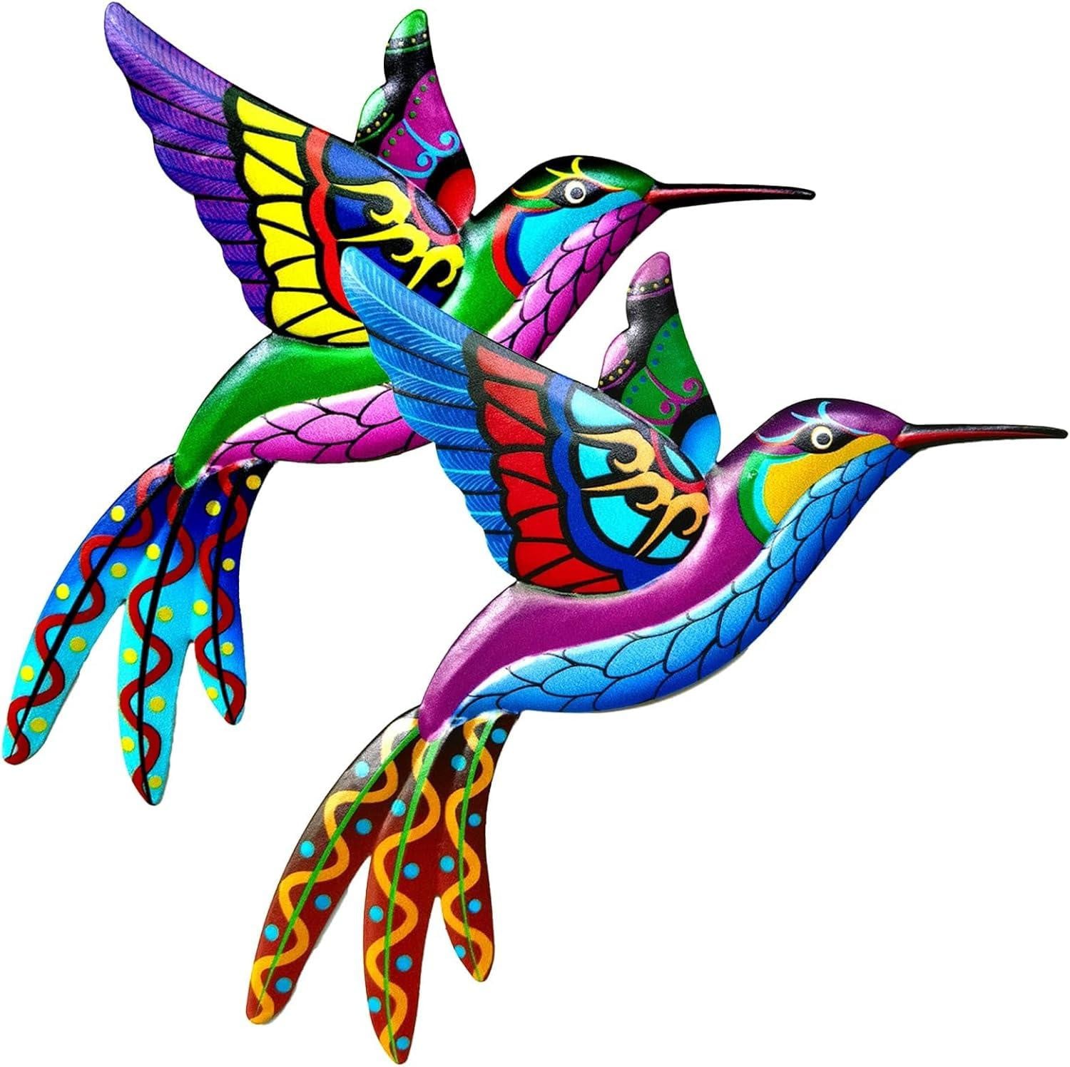 2-delige kleurrijke metalen wanddecoratie met kolibri voor binnen en buiten