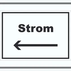 HB-Druck Strom Aufkleber mit Text und Richtungspfeil links Anschluss waagerecht A4 (210x297mm)