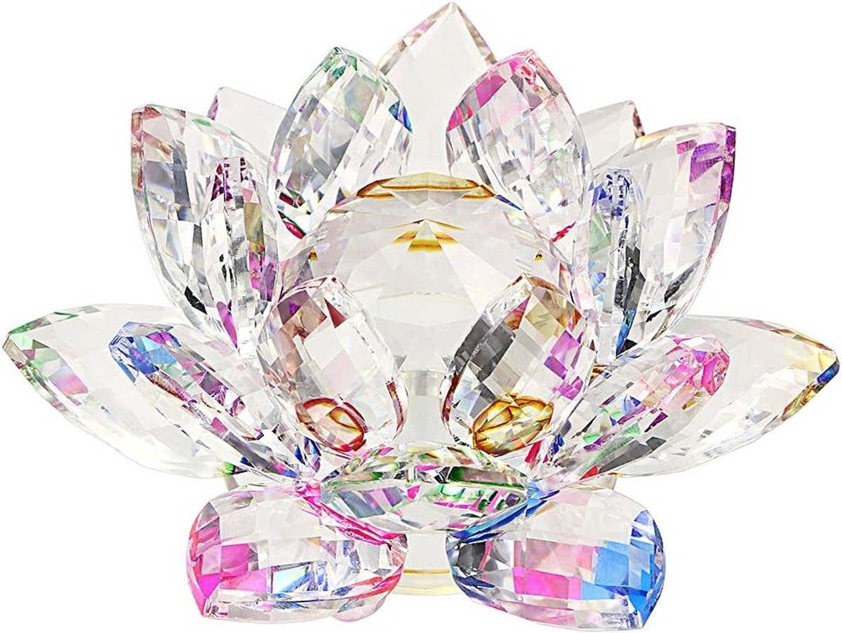 Kleurrijke 80mm Regenboog Kristallen Lotus Bloem Ornament - Sprankelende Feng Shui Decoratie voor op Tafel