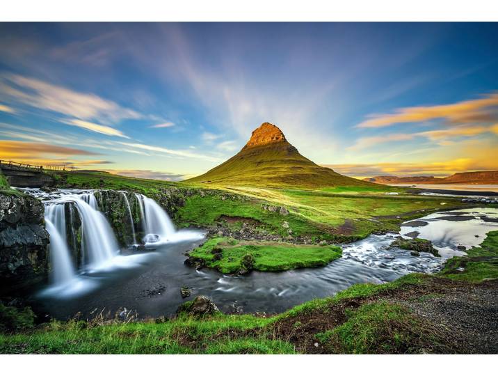 Fototapete PAPERMOON KIRKJUFELL-WASSERFALL FLUSS ISLAND BERG SONNENUNTERGANG , bunt, B:5m L:2,8m, Vlies, Tapeten, Fototapete