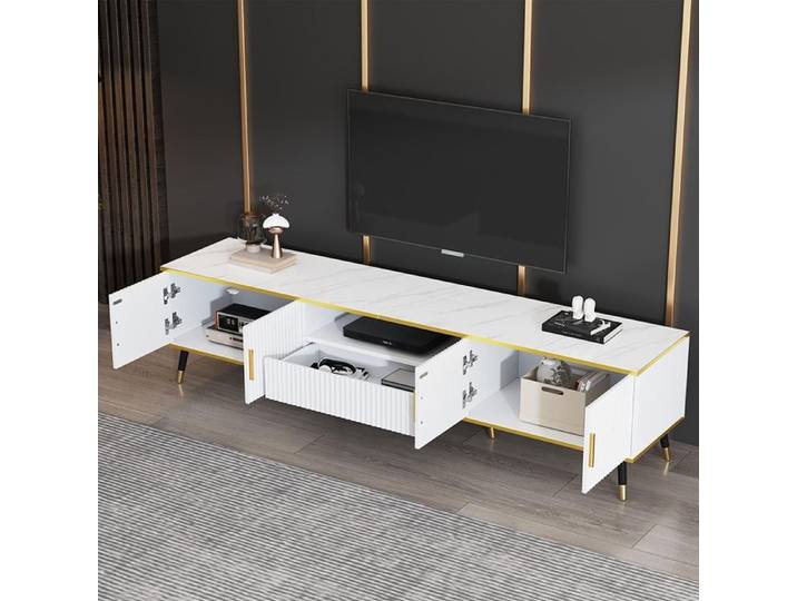 Meuble TV bas moderne aspect marbre 2 portes et 1 tiroir