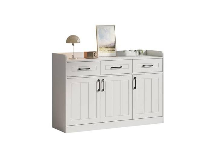 Commode 3 tiroirs et 3 Portes 120cm en bois massif lasuré blanc buffet salon commode chambre armoire chambre adulte buffet