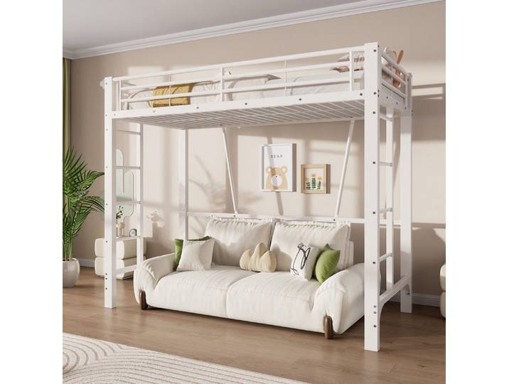 MODFU Hochbett Eisenbett mit offener Gestaltung unter dem Bett, Jugendbett (90x200 cm, Funktionsbett mit sicherer Doppelleiter, Metallbett) Inklusive Matratze