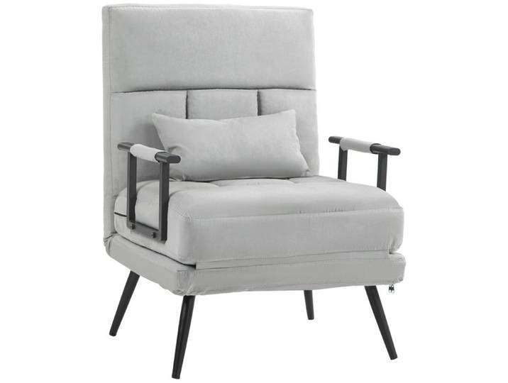 Fauteuil convertible 3 en 1 HOMCOM lit 1 place dossier inclinable 5 positions accoudoirs et coussin tissu effet velours gris