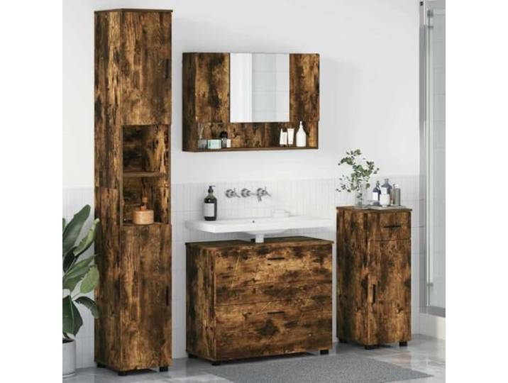 TUERYAFEK Badezimmermöbelset 4 STK. Räuchereiche Sperrholz und Metall Wandmontiert, Platzsparend, Schubladen und Regal, Pflegeleicht, Modernes Design