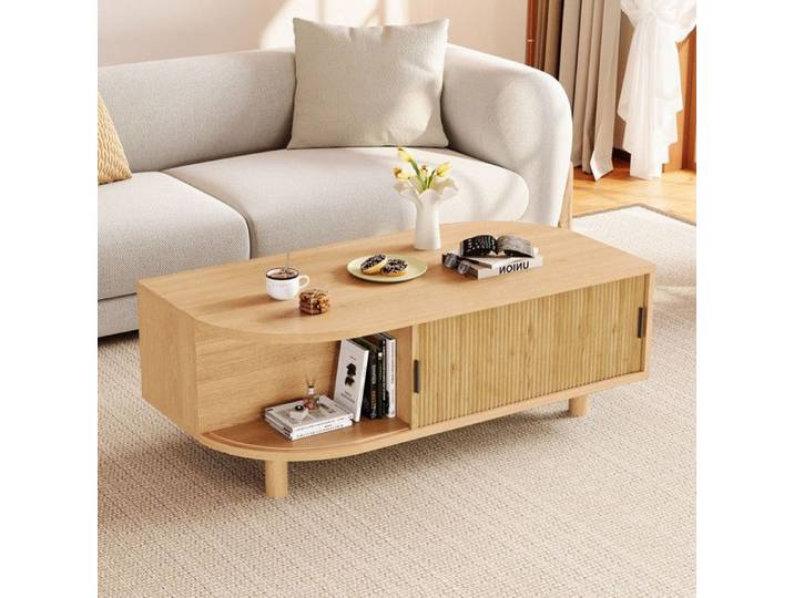 Piaenon - Table Basse 100x50x35 cm avec 2 Portes Rangement Pieds Bois MDF - Bois